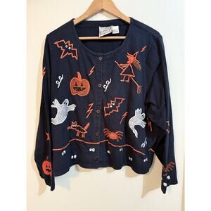 Michael Simon Lite Halloween Cotton Cardigan Black Pumpkin Ghost Cat Women’s 2X